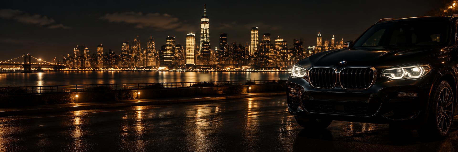 City skyline at night with a BMW X3